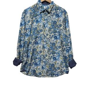 Kilburne Finch Men Button Down Shirt L Blue‎ Yellow Paisley Boho Print Y2K Retro